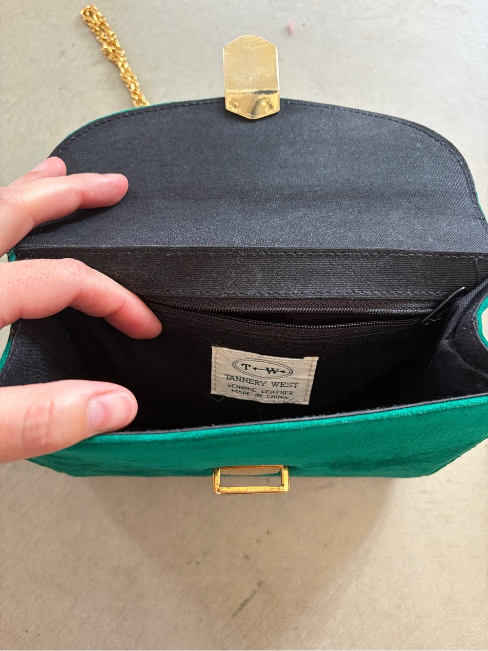 Tannery West Emerald Green Suede Top-Handle Crossbody with Gold Chain - Picture 2 of 5